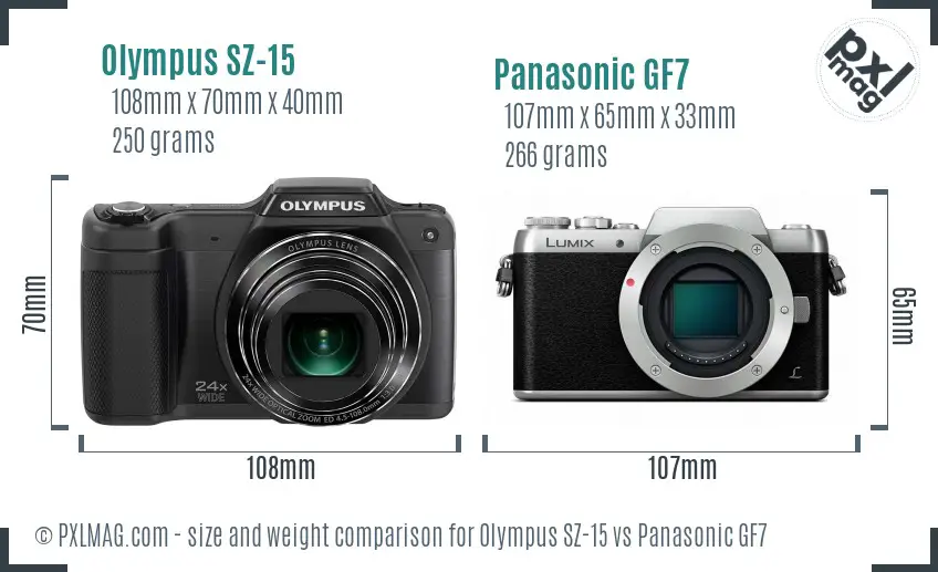 Olympus SZ-15 vs Panasonic GF7 size comparison