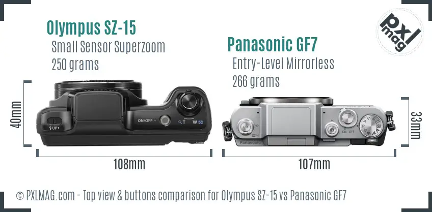 Olympus SZ-15 vs Panasonic GF7 top view buttons comparison