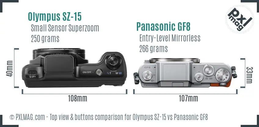 Olympus SZ-15 vs Panasonic GF8 top view buttons comparison Olympus SZ-15 vs Panasonic GF8 top view buttons comparison