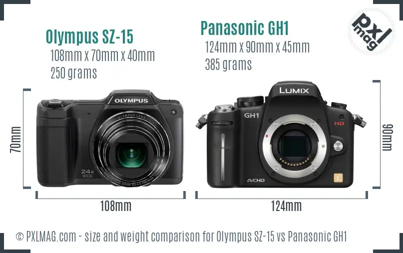 Olympus SZ-15 vs Panasonic GH1 size comparison