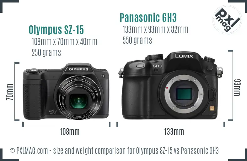 Olympus SZ-15 vs Panasonic GH3 size comparison Olympus SZ-15 vs Panasonic GH3 size comparison