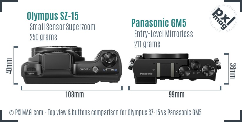 Olympus SZ-15 vs Panasonic GM5 top view buttons comparison