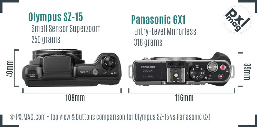 Olympus SZ-15 vs Panasonic GX1 top view buttons comparison