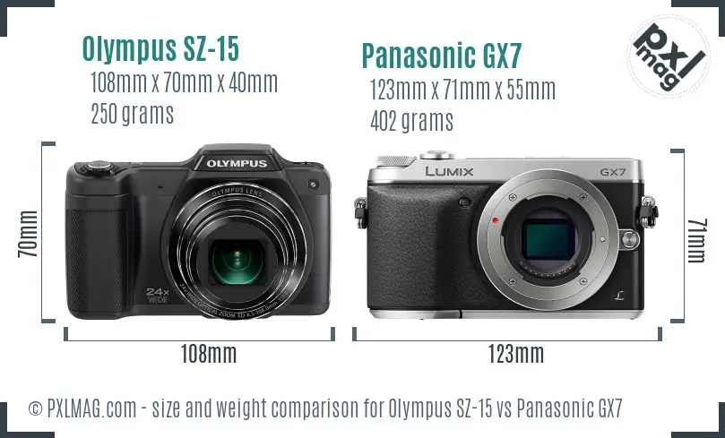 Olympus SZ-15 vs Panasonic GX7 size comparison Olympus SZ-15 vs Panasonic GX7 size comparison