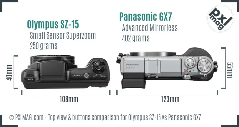 Olympus SZ-15 vs Panasonic GX7 top view buttons comparison Olympus SZ-15 vs Panasonic GX7 top view buttons comparison