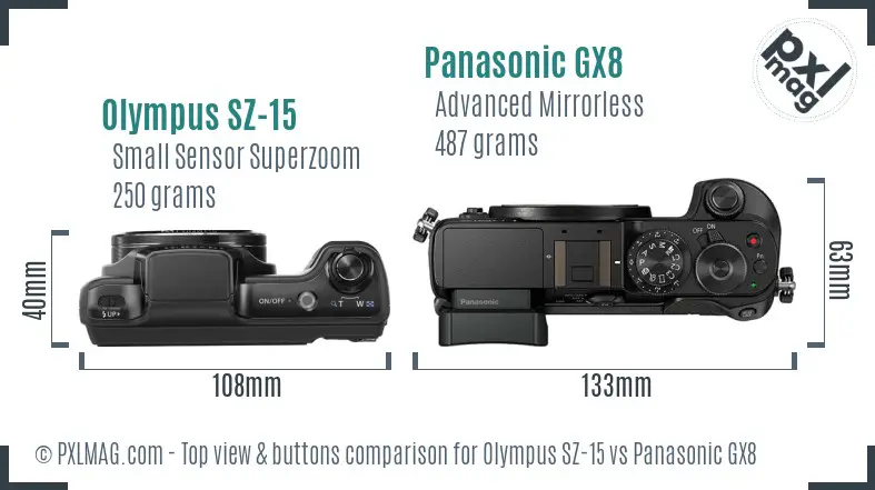 Olympus SZ-15 vs Panasonic GX8 top view buttons comparison Olympus SZ-15 vs Panasonic GX8 top view buttons comparison