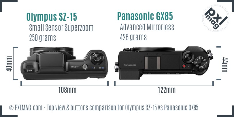 Olympus SZ-15 vs Panasonic GX85 top view buttons comparison