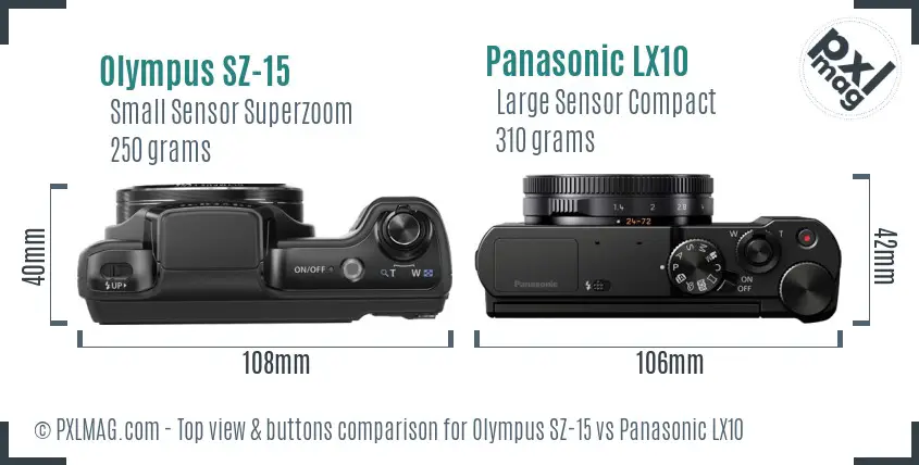 Olympus SZ-15 vs Panasonic LX10 top view buttons comparison