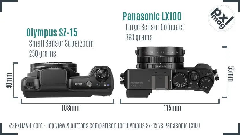 Olympus SZ-15 vs Panasonic LX100 top view buttons comparison