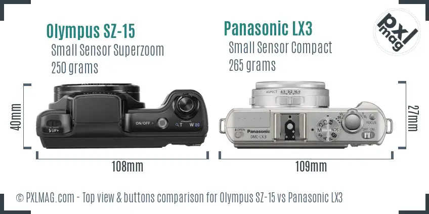 Olympus SZ-15 vs Panasonic LX3 top view buttons comparison