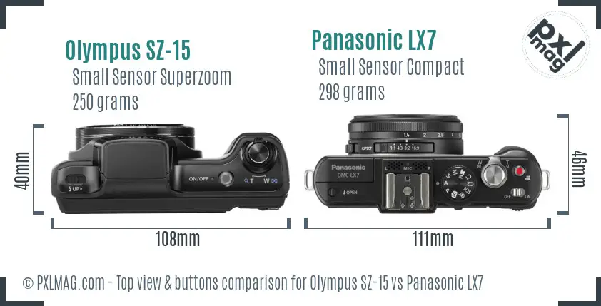 Olympus SZ-15 vs Panasonic LX7 top view buttons comparison