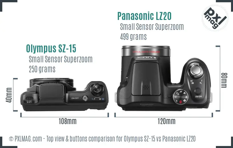 Olympus SZ-15 vs Panasonic LZ20 top view buttons comparison Olympus SZ-15 vs Panasonic LZ20 top view buttons comparison