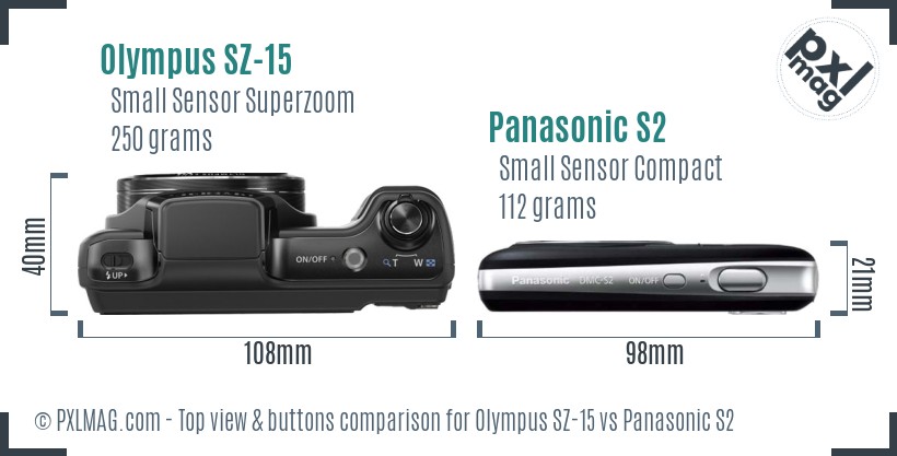 Olympus SZ-15 vs Panasonic S2 top view buttons comparison