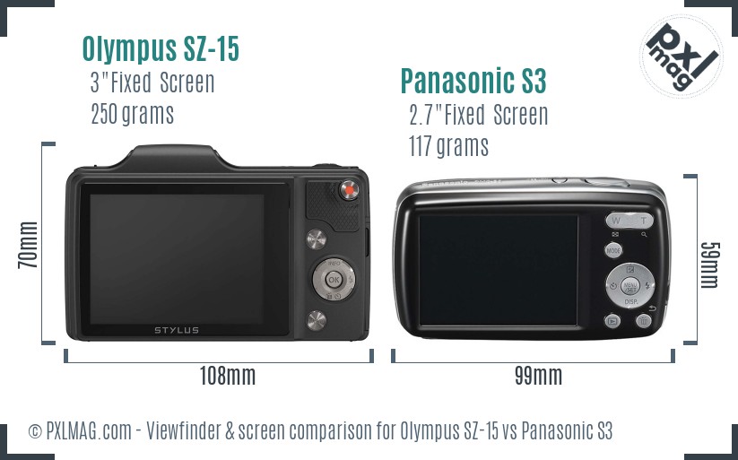 Olympus SZ-15 vs Panasonic S3 Screen and Viewfinder comparison