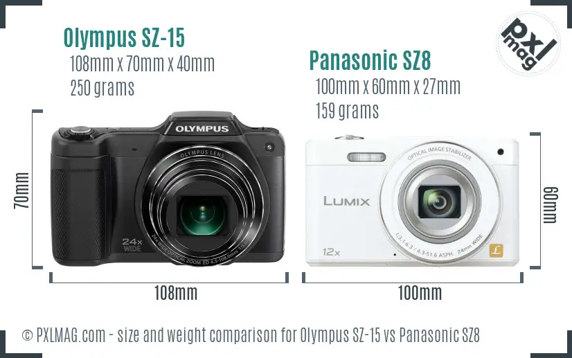 Olympus SZ-15 vs Panasonic SZ8 size comparison