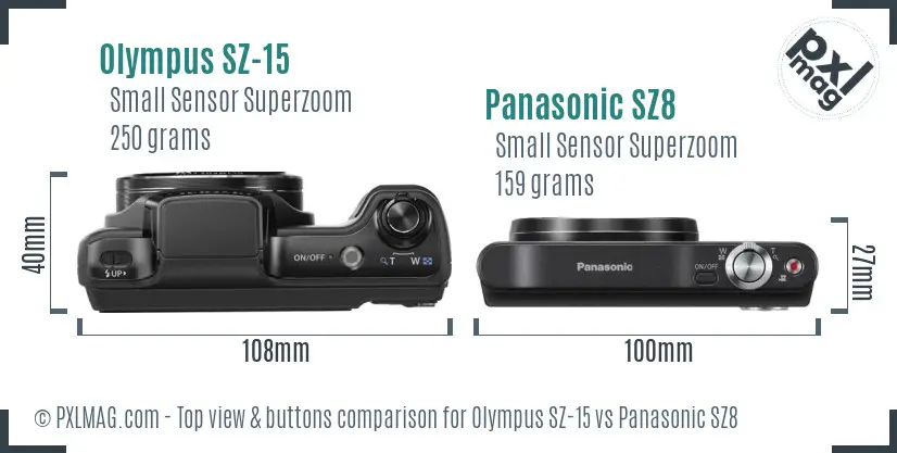 Olympus SZ-15 vs Panasonic SZ8 top view buttons comparison