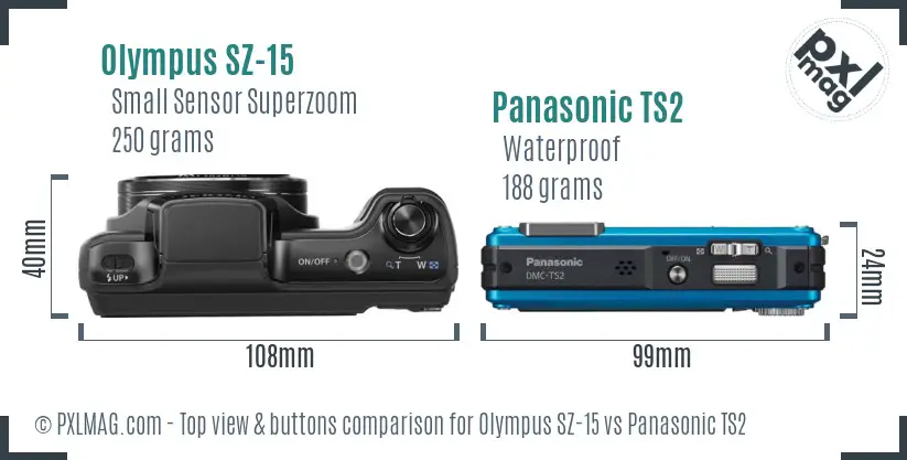 Olympus SZ-15 vs Panasonic TS2 top view buttons comparison