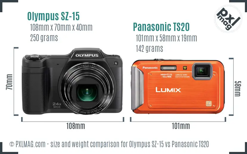 Olympus SZ-15 vs Panasonic TS20 size comparison