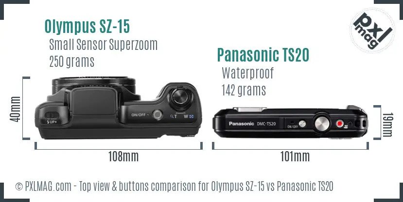 Olympus SZ-15 vs Panasonic TS20 top view buttons comparison