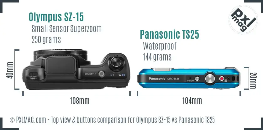 Olympus SZ-15 vs Panasonic TS25 top view buttons comparison