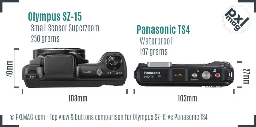 Olympus SZ-15 vs Panasonic TS4 top view buttons comparison