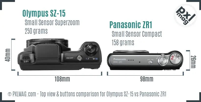 Olympus SZ-15 vs Panasonic ZR1 top view buttons comparison