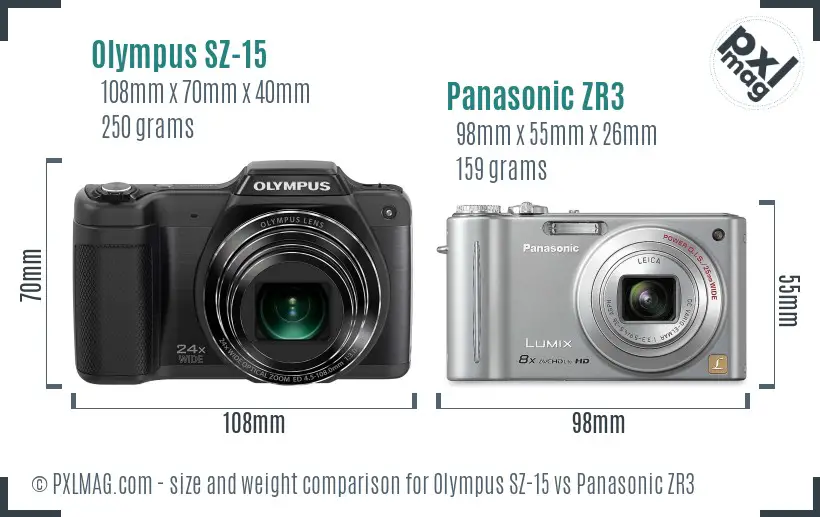 Olympus SZ-15 vs Panasonic ZR3 size comparison