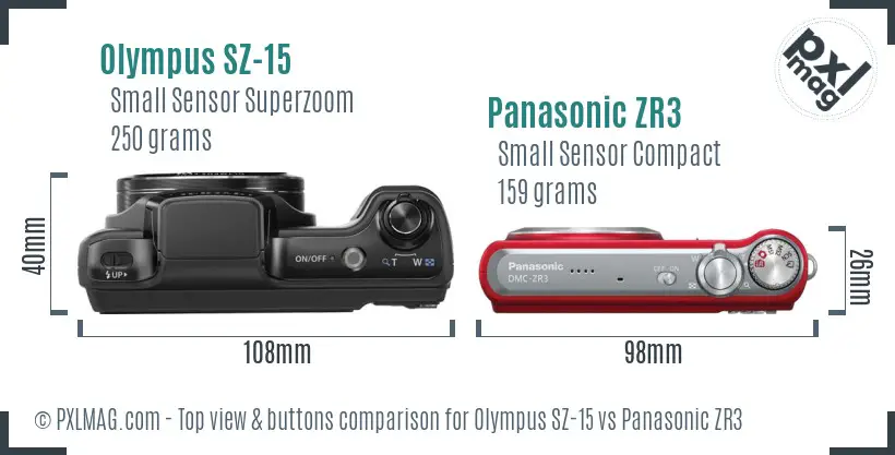 Olympus SZ-15 vs Panasonic ZR3 top view buttons comparison