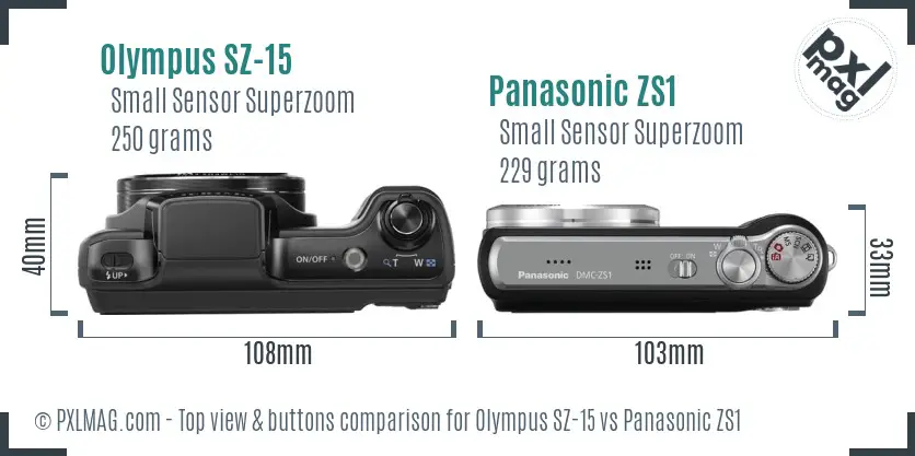 Olympus SZ-15 vs Panasonic ZS1 top view buttons comparison