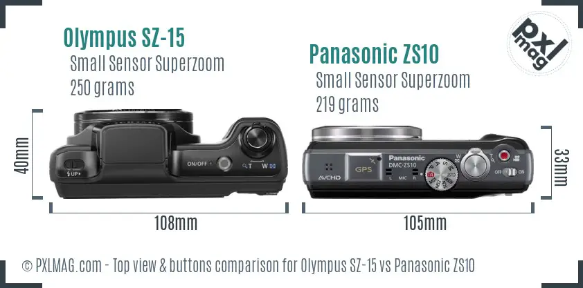 Olympus SZ-15 vs Panasonic ZS10 top view buttons comparison