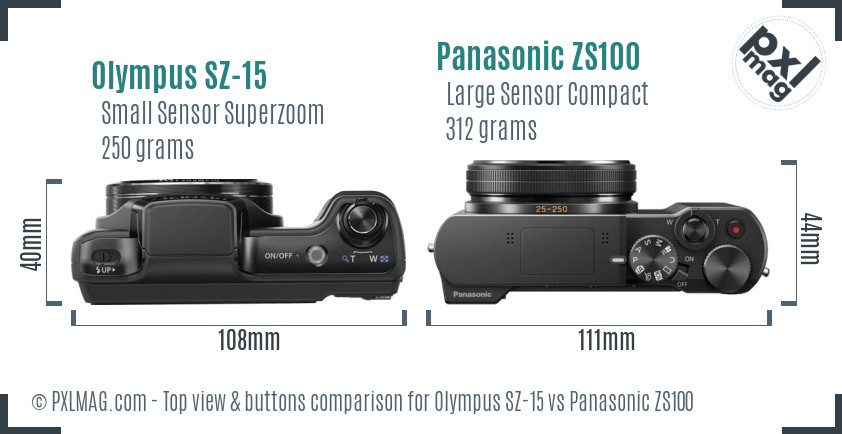 Olympus SZ-15 vs Panasonic ZS100 top view buttons comparison