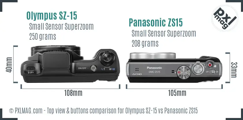 Olympus SZ-15 vs Panasonic ZS15 top view buttons comparison
