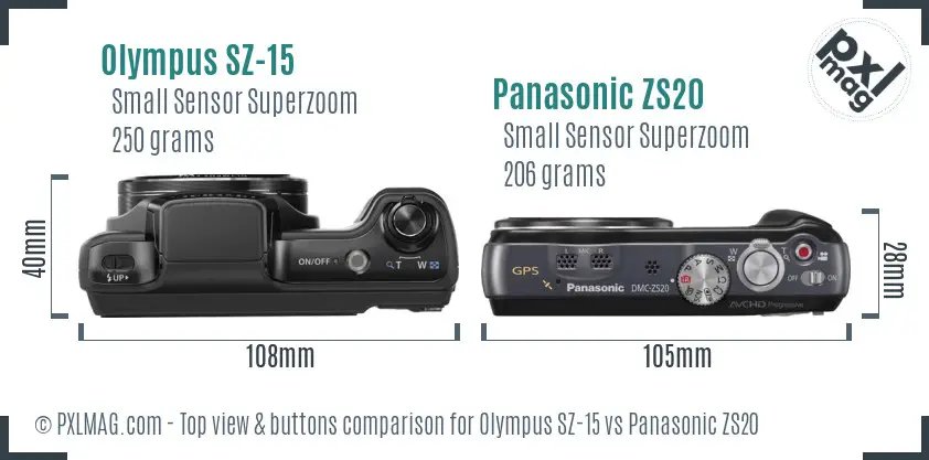 Olympus SZ-15 vs Panasonic ZS20 top view buttons comparison