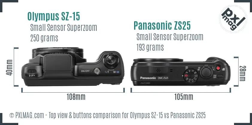 Olympus SZ-15 vs Panasonic ZS25 top view buttons comparison