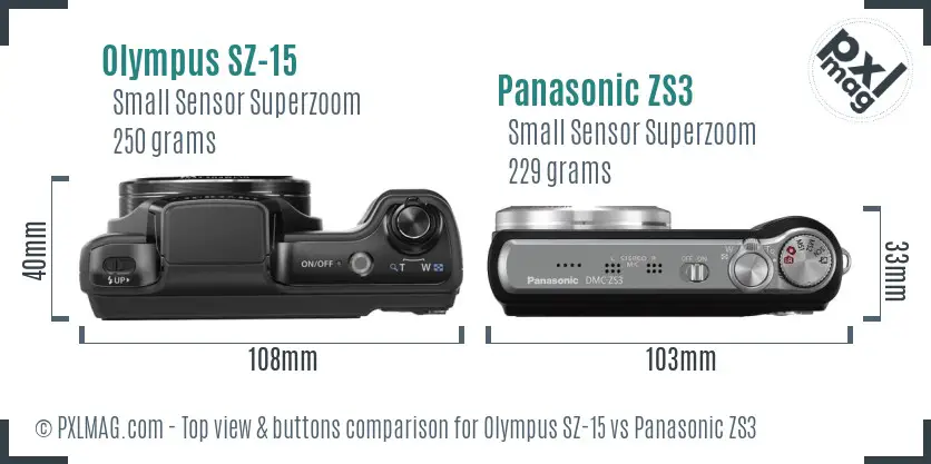 Olympus SZ-15 vs Panasonic ZS3 top view buttons comparison