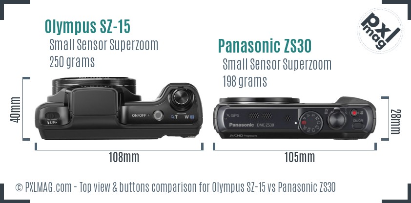 Olympus SZ-15 vs Panasonic ZS30 top view buttons comparison