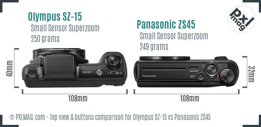 Olympus SZ-15 vs Panasonic ZS45 top view buttons comparison