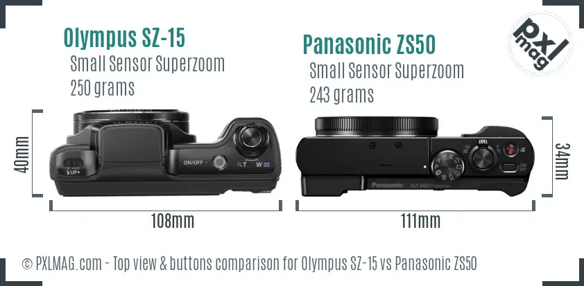 Olympus SZ-15 vs Panasonic ZS50 top view buttons comparison