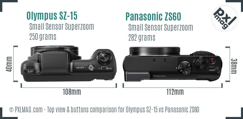 Olympus SZ-15 vs Panasonic ZS60 top view buttons comparison