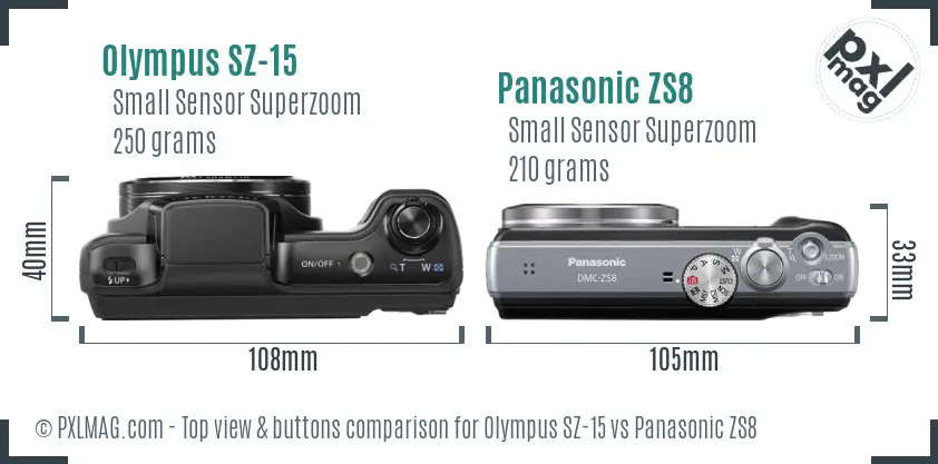Olympus SZ-15 vs Panasonic ZS8 top view buttons comparison