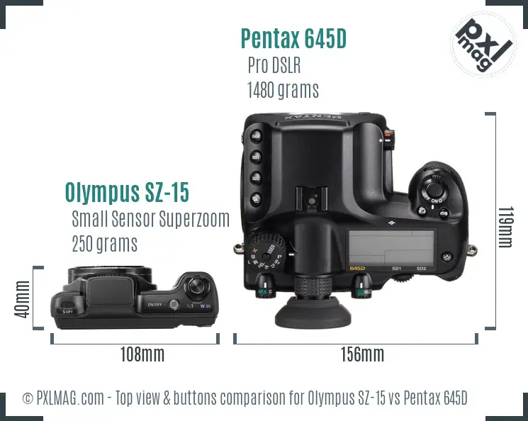 Olympus SZ-15 vs Pentax 645D top view buttons comparison