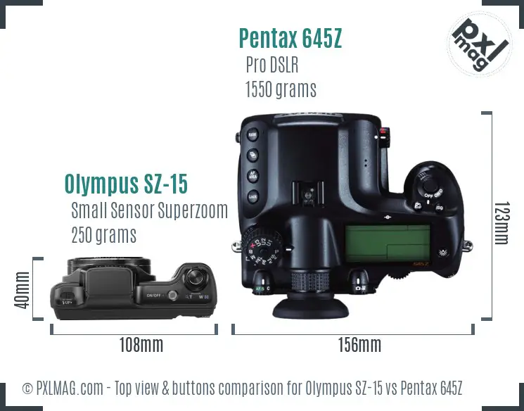 Olympus SZ-15 vs Pentax 645Z top view buttons comparison