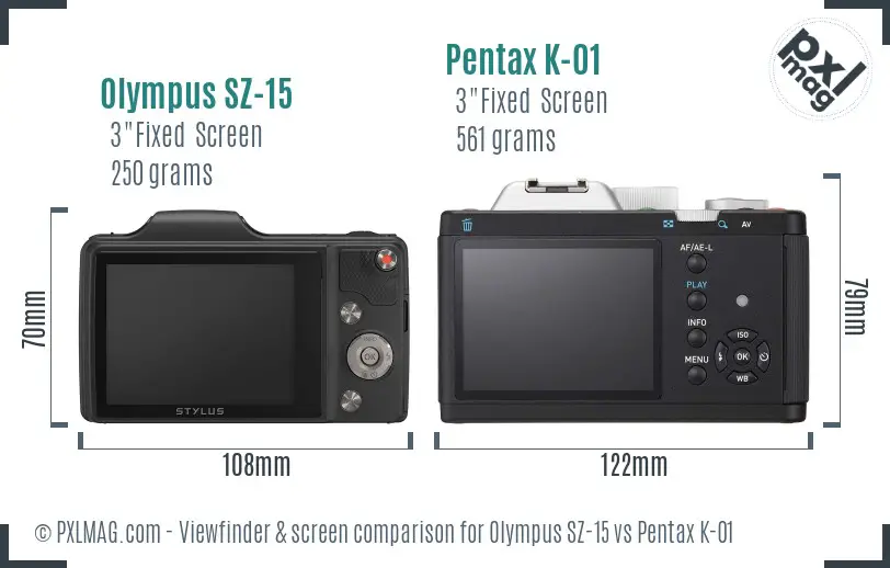 Olympus SZ-15 vs Pentax K-01 Screen and Viewfinder comparison