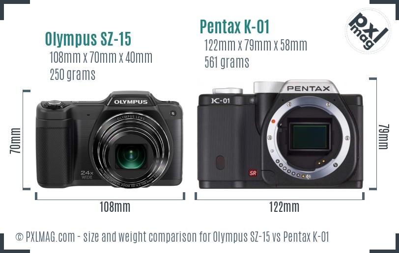 Olympus SZ-15 vs Pentax K-01 size comparison