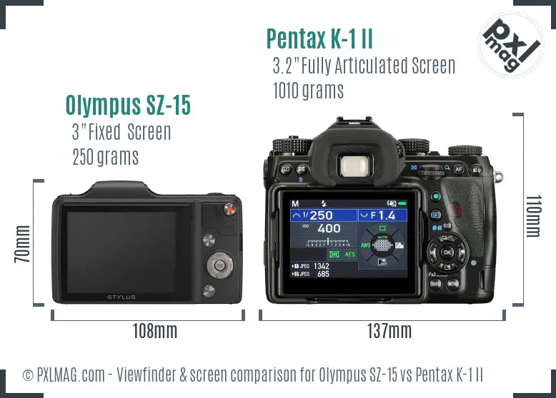 Olympus SZ-15 vs Pentax K-1 II Screen and Viewfinder comparison