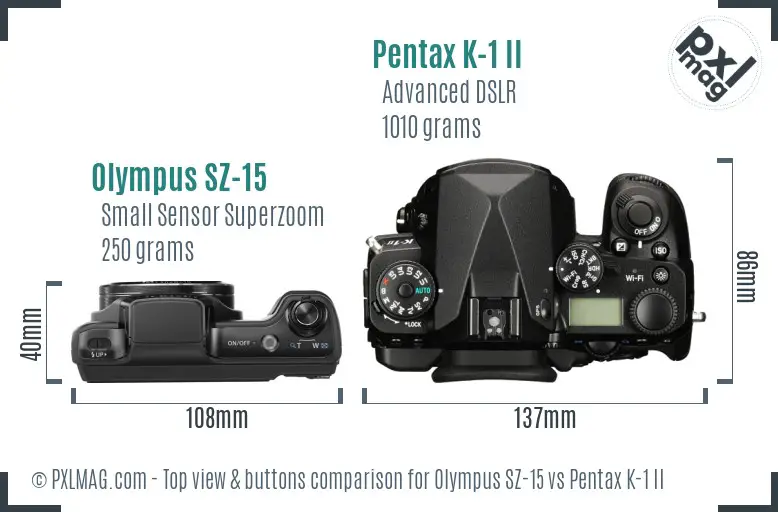 Olympus SZ-15 vs Pentax K-1 II top view buttons comparison