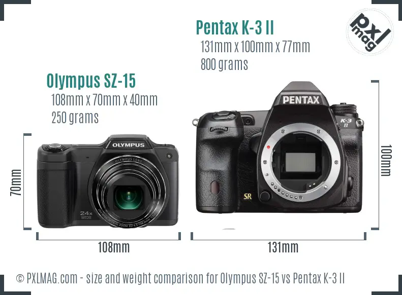 Olympus SZ-15 vs Pentax K-3 II size comparison