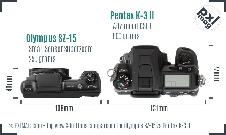 Olympus SZ-15 vs Pentax K-3 II top view buttons comparison