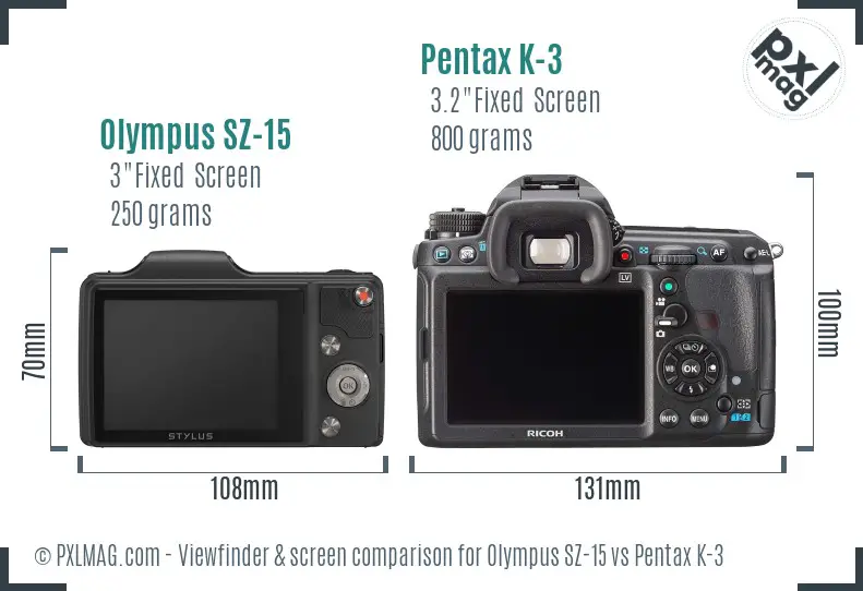 Olympus SZ-15 vs Pentax K-3 Screen and Viewfinder comparison