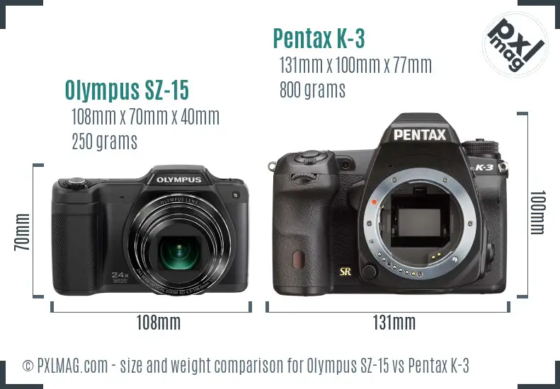 Olympus SZ-15 vs Pentax K-3 size comparison